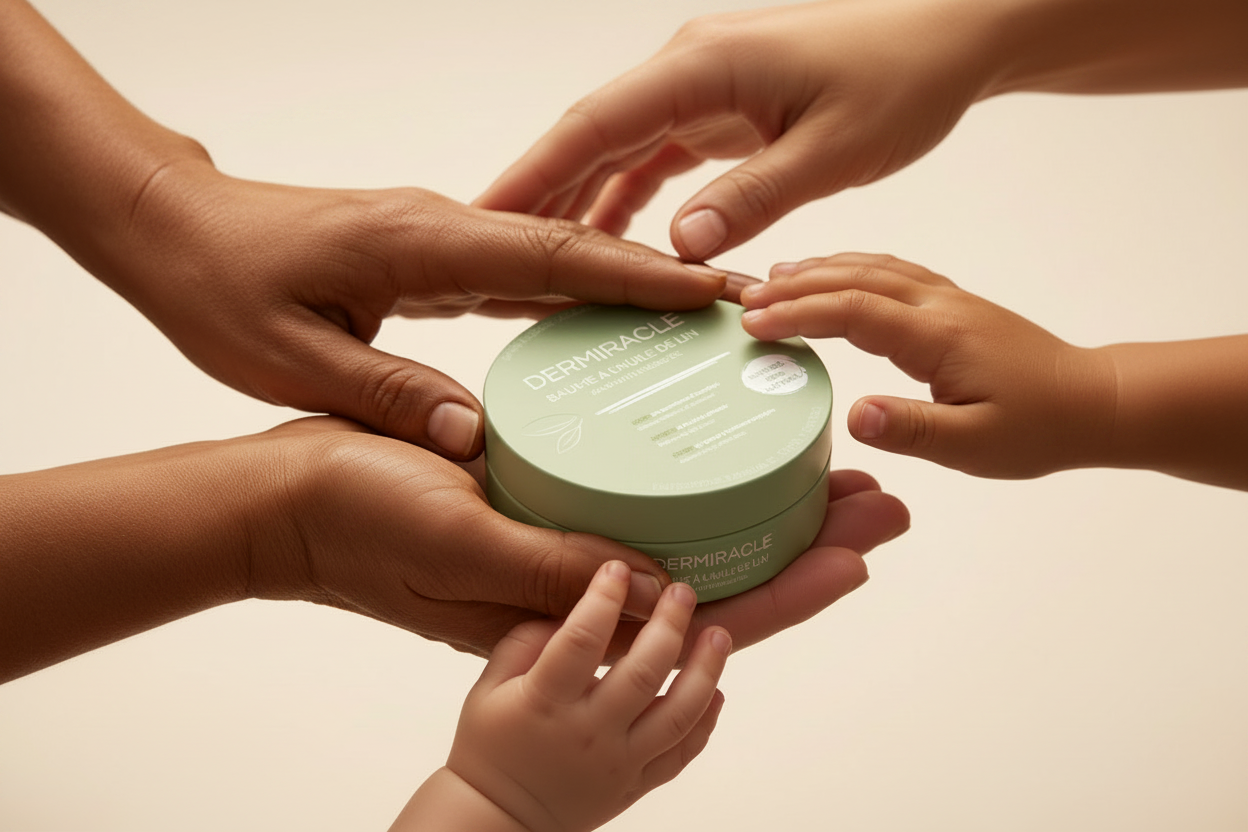 Boîte Dermiracle entourée de mains de couleurs diverses